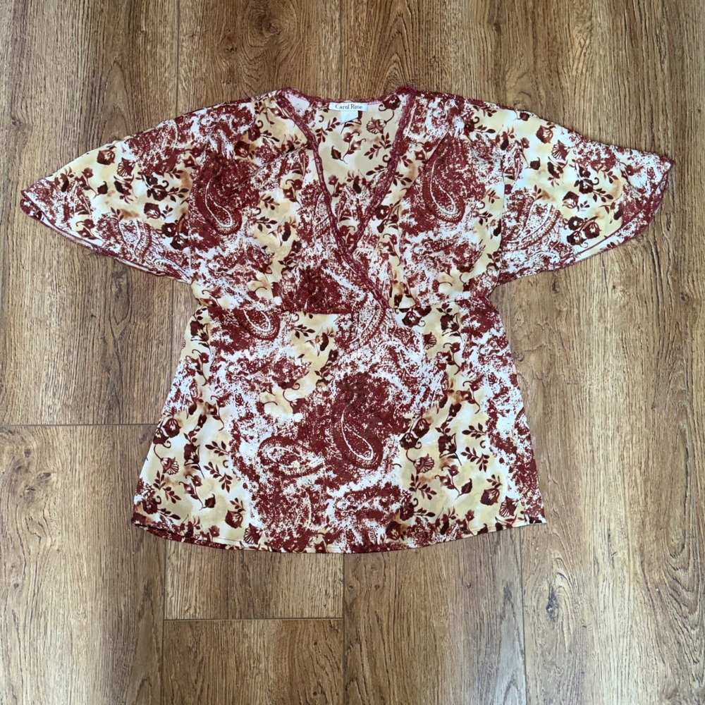 90s Carol Rose Paisley Floral Whimsigoth Blouse Lace Trim Tie Back Womens M VTG
